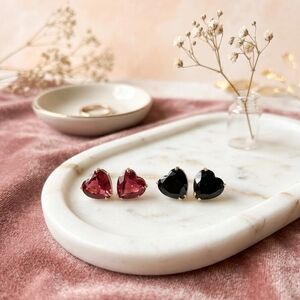 Heart-Shaped Crystal Stud Earrings — Red & Black Gold-Plated